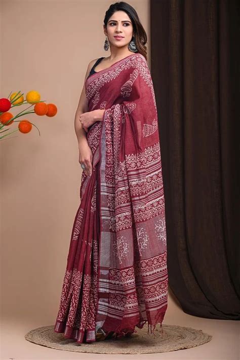 Party Wear Printed 6 5 Meter Cotton Lilen Saree With Blouse Piece 5 5