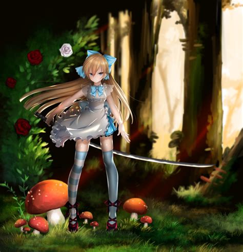 Safebooru 1girl Alice Wonderland Alice In Wonderland Arm At Side Bangs Blonde Hair Blue Bow