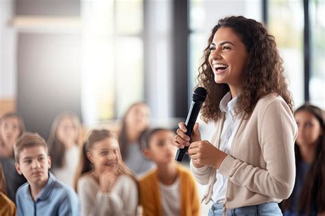 Premium Ai Image Teacher Giving Her Students Lecture With Microphone
