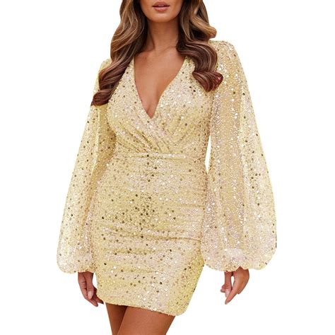 Wnvmwi Formal Dresses For Women Deep V Neck Sequin Long Sleeve High