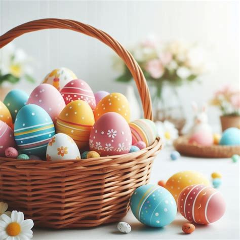 Premium Photo Colorful Easter Eggs In A Wicker Basket