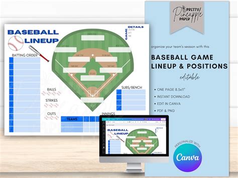 Hoja imprimible editable de alineación de béisbol y posición del campo