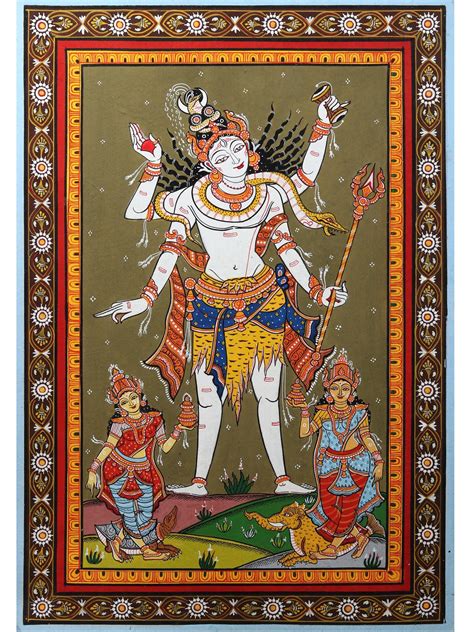 Standing Lord Shiva with Devi Ganga and Yamuna | Pattachitra Painting from Odisha | Exotic India Art