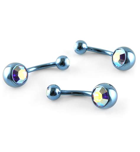 Light Blue Titanium Belly Button Ring With Rainbow Aurora Diamond 14g