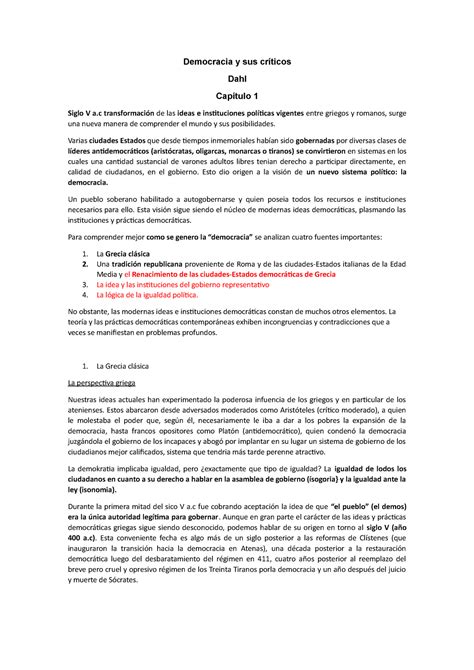 16 Resumen Dahl Democracia Y Poliarquia Democracia y sus críticos