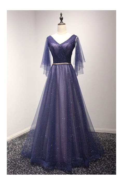 Sparkly Puffy Tulle Long Blue Prom Dress With Sweetheart Sleeves 169