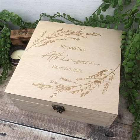 Personalised Engraved Wooden Wedding Memory Box With Dry Flower Design