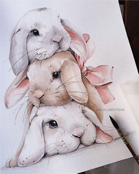 A Watercolor Drawing Of Two Rabbits Hugging Each Other With A Pink Bow