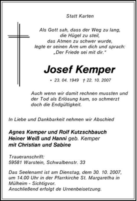 Traueranzeigen Von Josef Kemper Trauer In Nrw De