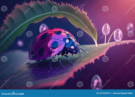 Close Up Of A Mysterious Ladybug On A Leaf With Dew Drops Generative