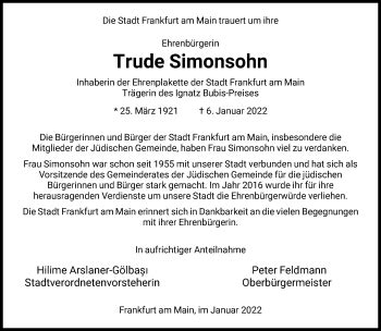 Traueranzeigen Von Trude Simonsohn Trauer Rheinmain De