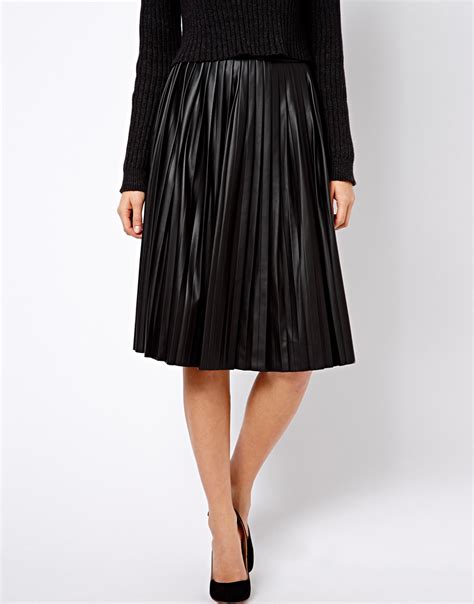 Asos Warehouse Leather Look Pleated Midi Skirt In Black Lyst