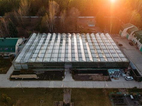 Aerial Drone View Of Modern Glass Greenhouse Stock Image Image Of Garden Green 180336687