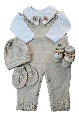 Kit Conjunto Jardineira De Linha Luxo Pe As Urso Bege Parcelamento