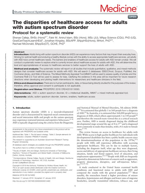 Pdf The Disparities Of Healthcare Access For Adults With Autism Spectrum Disorder Protocol