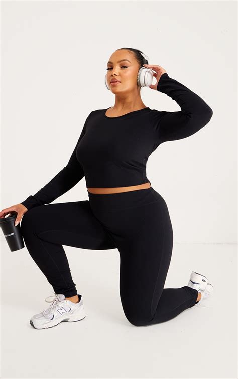 Plus Black Snatched Sculpt Long Sleeve Crop Top Plus Size Prettylittlething Usa