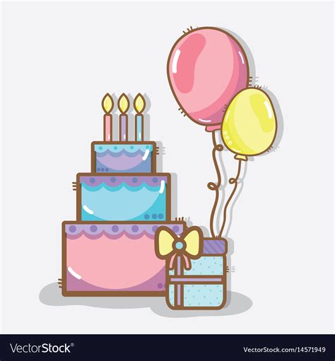 Line Cake With Balloons And Gift Birthday Vector Image