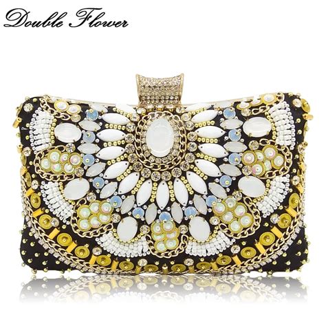 Double Flower Vintage Retro Patchwork Womens Black Beaded Clutch