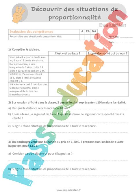 Découvrir des situations de proportionnalité Évaluation bilan au Cm1