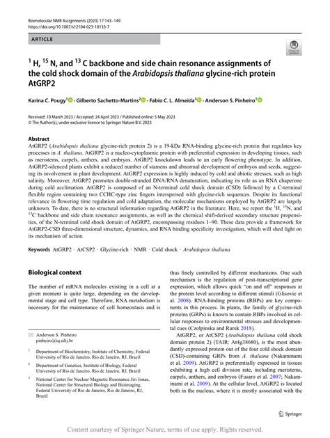 H N And C Backbone And Side Chain Resonance Assignments Of The Cold