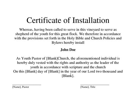 Pastoral Installation Certificate