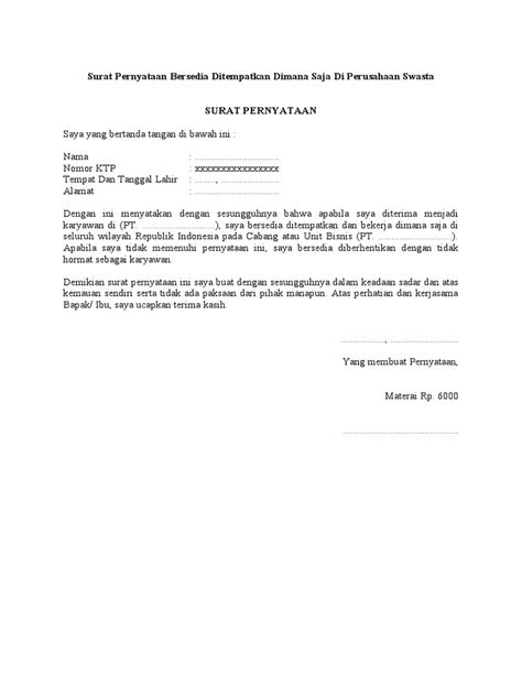 Surat Pernyataan Bersedia Ditempatkan Dimana Saja Pdf