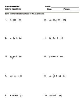 Solving Literal Equations Notes And Worksheet Solving For A Specific