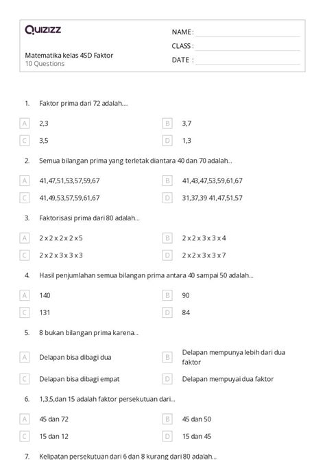 50 Lembar Kerja Faktor Dan Kelipatan Untuk Kelas 5 Di Quizizz Gratis And Dapat Dicetak