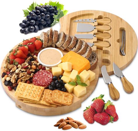 BOLTLINK Cheese Board And Knife Set Bamboo Round Charcuterie Boards