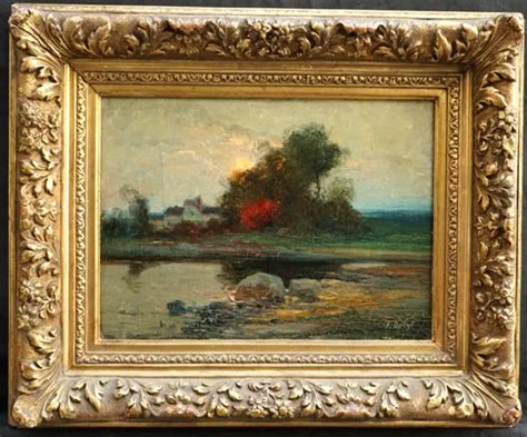 Th Century French Impressionist Sunset Landscape Signed Antique Oil