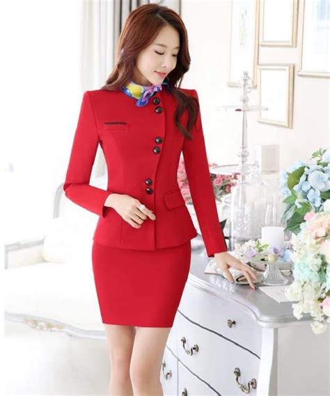 Novelty Red Slim Fashion Career Work Wear Suits With Jackets And Skirt