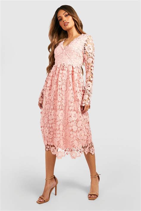 Long Sleeve Crochet Lace Midi Skater Dress Boohoo Uk