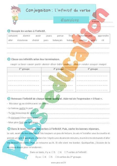 Infinitif du verbe Exercices de conjugaison pour le ce2 PDF à