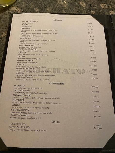 Menu at El Chato restaurant, Bogotá