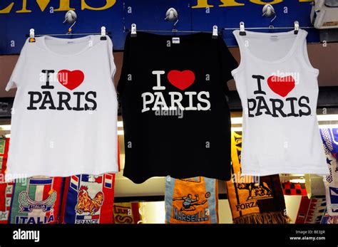 T-shirts "I love Paris", souvenirs at the Eiffel Tower, Paris, France ...