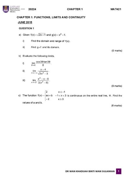 Tutorial Chapter 1 Functions Limits And Continuity Pdf