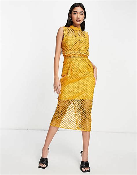 Asos Design Structured Lace Pencil Dress With High Neck Asos