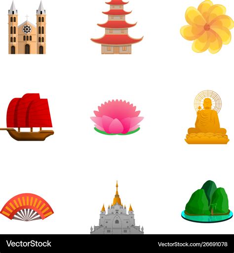 Vietnam culture icon set cartoon style Royalty Free Vector