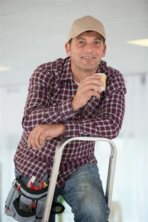 Happy Man With On Ladder Stock Image Image Of Professional 253357743