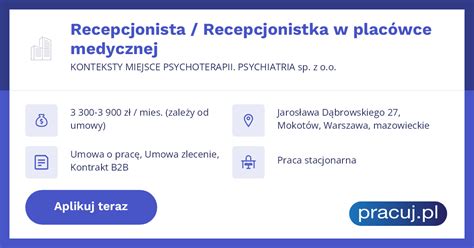 Oferta Pracy Recepcjonista Recepcjonistka W Plac Wce Medycznej