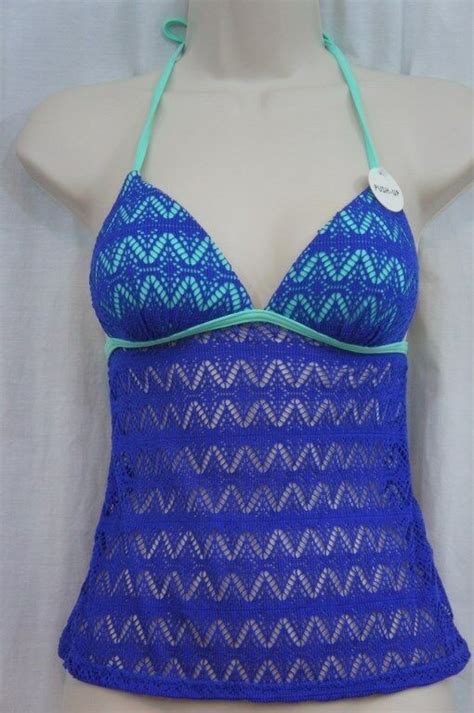 Hula Honey Tankini Top Sz XS Cobalt Blue Mint Crochet Bikini Swim