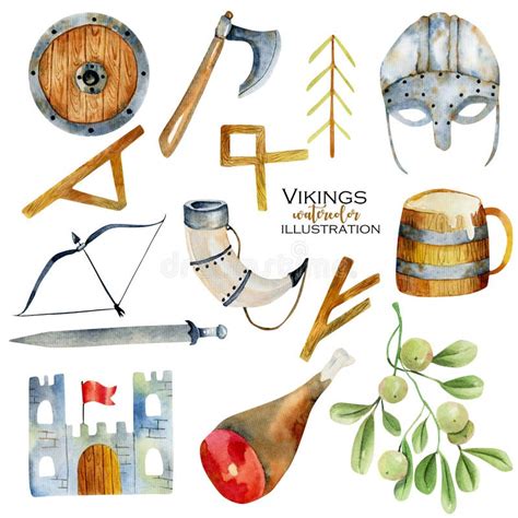 Watercolor Elements of Viking Culture Stock Illustration - Illustration of hand, battle: 139267618