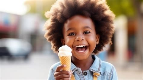 Premium Ai Image Little Happy African Child Eating Ice Cream In A