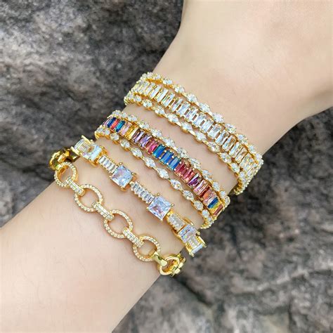 FLOLA Luxury Clear Zircon Tennis Bracelets For Women Copper Gold Plated