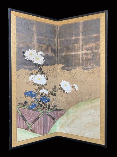 Japanese Antique Panel Screen Painting With Chrysanthemums Item