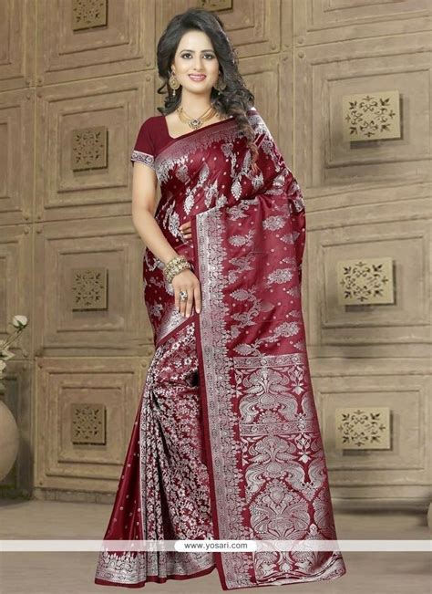 Outstanding Banarasi Silk Maroon Trendy Saree Model Yosas0399 Trendy Sarees Party Wear