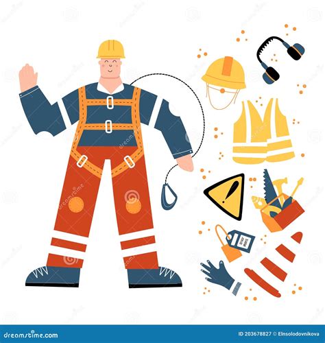 Industrial Worker In Safety Harness With Safety Equipment Clipart Stock