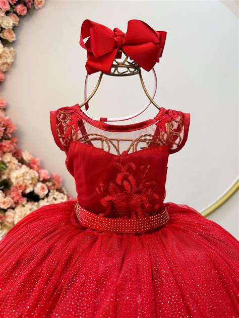 Vestido Infantil Vermelho Renda E Tule Brilho Damas Rosa Charmosa Atacado