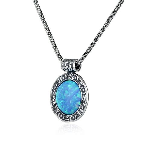 Antique Look Created Blue Fire Opal Round Pendant With 925 Sterling Silver Twisted Foxtail Chain