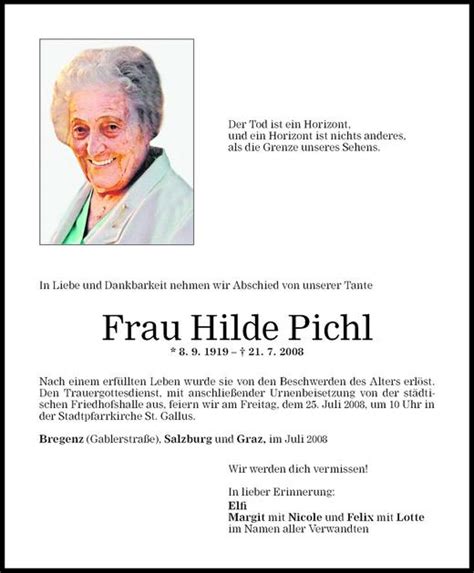 Todesanzeigen Von Hilde Pichl Todesanzeigen Vorarlberger Nachrichten